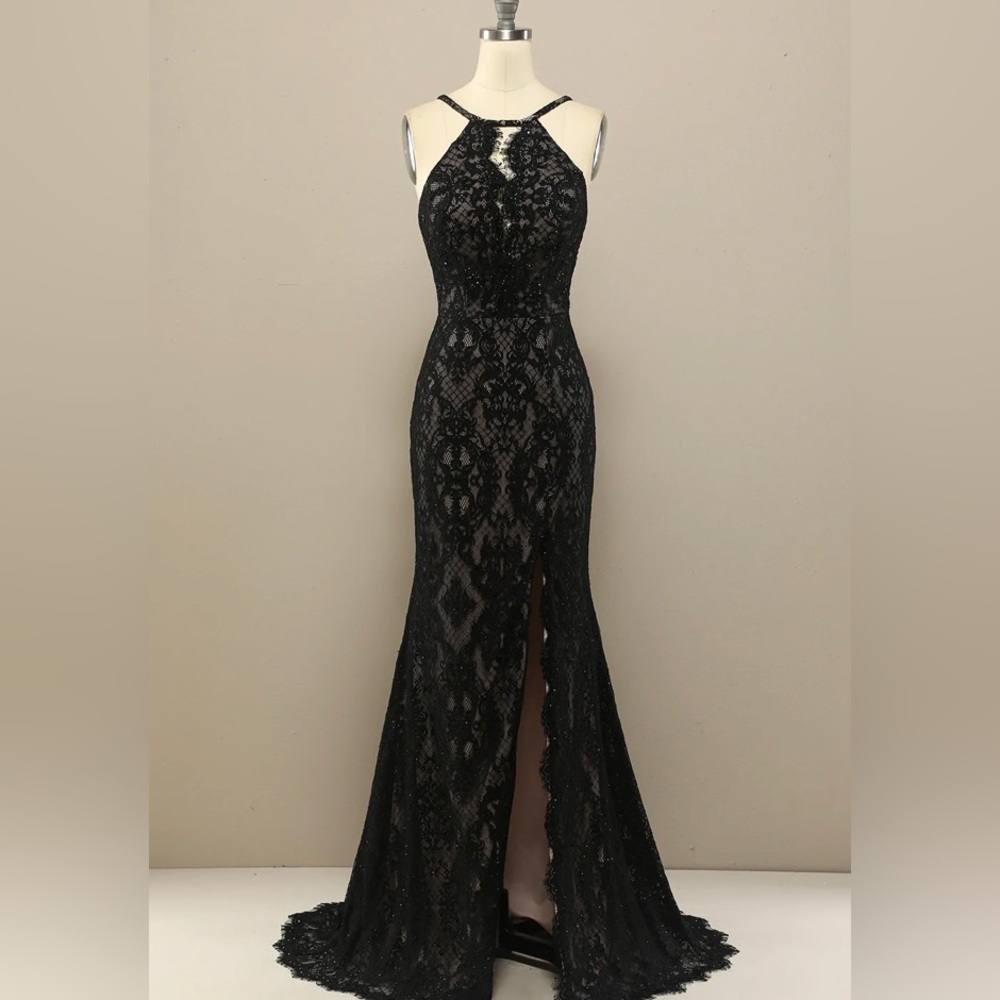 black mermaid long lace prom dress with slit size 2